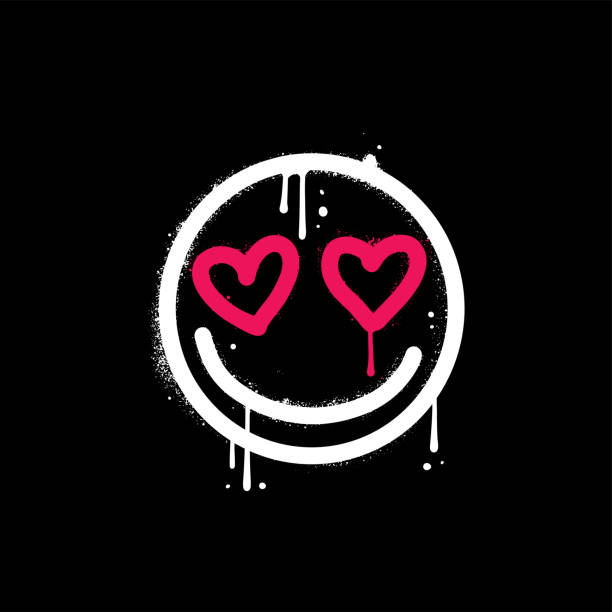 Emoji smiling face wiwh heart shaped eyes. Urban typography street art print with spray effect and smile icon for graphic tee t shirt or sweatshirt. Hand drawn Textured Vector Emoji smiling face wiwh heart shaped eyes. Urban typography street art print with spray effect and smile icon for graphic tee t shirt or sweatshirt. Hand drawn Textured Vector. cool graffiti characters stock illustrations