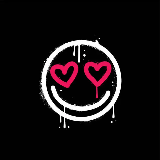 Vector illustration of Emoji smiling face wiwh heart shaped eyes. Urban typography street art print with spray effect and smile icon for graphic tee t shirt or sweatshirt. Hand drawn Textured Vector