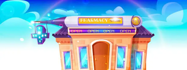 Vector illustration of Medical and online commerce concept in cartoon style. Exterior view of the pharmacy building against a clear sky.