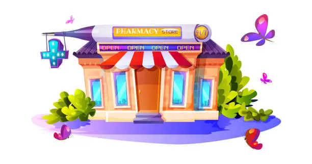 Vector illustration of Medical and online commerce concept in cartoon style. Exterior of a pharmacy building in the summer on an isolated white background.