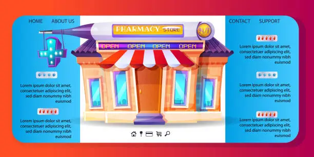 Vector illustration of Medical and online commerce concept in cartoon style. Web page or template for a medical institution. Pharmacy building with drugs on an abstract color background.
