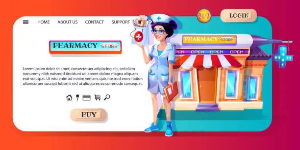 Vector illustration of Medical and online commerce concept in cartoon style. Web page or template for a medical institution. Pharmacy building with a young girl pharmacist on an abstract color background.