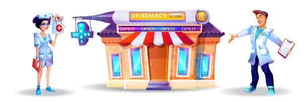 Vector illustration of Medical and online commerce concept in cartoon style. Pharmacy building exterior with young woman and man pharmacists on isolated white background.