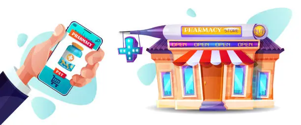 Vector illustration of Medical and online commerce concept in cartoon style. Buying medicines online. A hand holds a mobile phone on the background of a pharmacy, isolated on a white background.