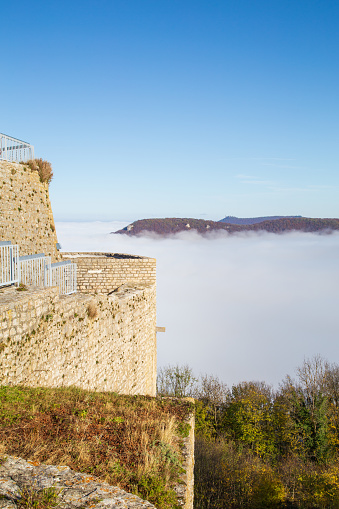 Above the clouds. View of the fog in the valley from Hohen Neuffen Castle.