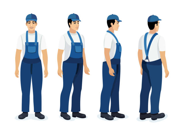hydraulik lub naprawiacz. zestaw pracownika o różnych pozach. - mechanic plumber repairman repairing stock illustrations