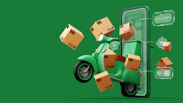istock Delivery Courier service, online shopping, motorcycle with parcel box, 3d rendering 1457405215