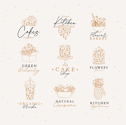 Sweets cooking appliances labels with flowers and lettering in hand drawing style on beige background