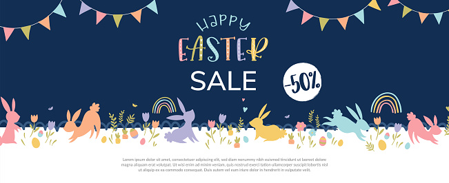 Cute hand drawn Easter sales design with bunnies, flowers, easter eggs, beautiful background, great for Easter advertising, banners, wallpapers - vector design