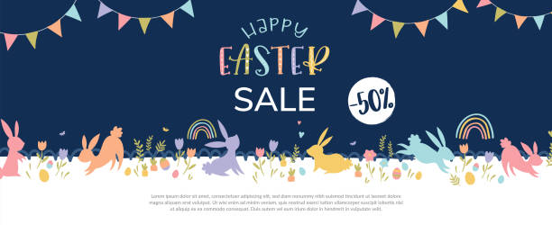 Cute hand drawn Easter sales design with bunnies, flowers, easter eggs, beautiful background, great for Easter advertising, banners, wallpapers - vector design Cute hand drawn Easter sales design with bunnies, flowers, easter eggs, beautiful background, great for Easter advertising, banners, wallpapers - vector design easter vector holiday design element stock illustrations