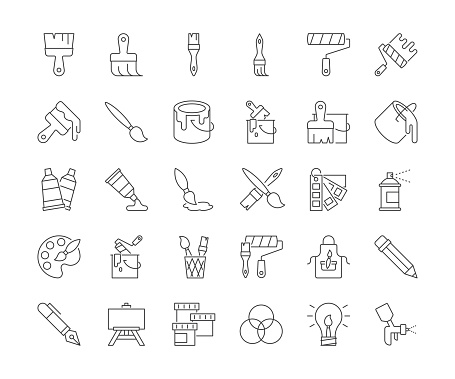 Art Supplies Line Icons. Editable Stroke. Vector illustration.
