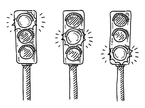 Hand-drawn vector drawing of three Traffic Lights, with three options Stop, Attention and Go. Black-and-White sketch on a transparent background (.eps-file). Included files are EPS (v10) and Hi-Res JPG.