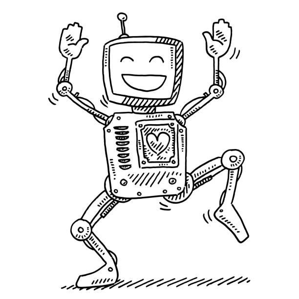 Happy Dancing Fitness Robot Drawing Hand-drawn vector drawing of a Happy Dancing Fitness Robot. Black-and-White sketch on a transparent background (.eps-file). Included files are EPS (v10) and Hi-Res JPG. robot clipart stock illustrations