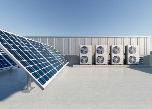 istock 3d rendering of photovoltaic cell on solar panel, condenser unit or compressor on rooftop. Eco building with system technology for future. To generate electrical power or direct current electricity. 1457410974