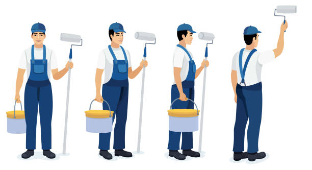 Painter man in uniform holding paint roller. Set of worker with different poses. vector art illustration
