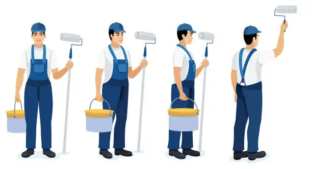 Vector illustration of Painter man in uniform holding paint roller. Set of worker with different poses.
