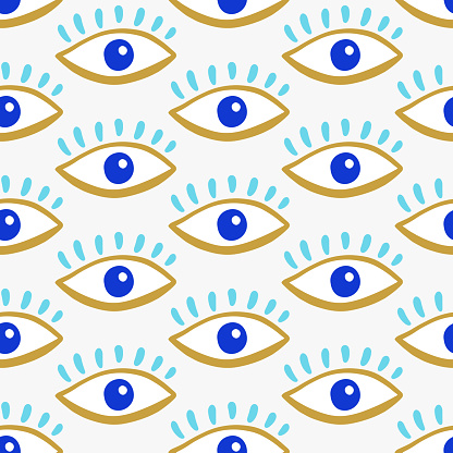 Evil eyes seamless pattern in blue, white, golden colors. Mediterranean geometric Boho style, magic, occult symbol decor element. Modern trendy fabric, textile design, vector background