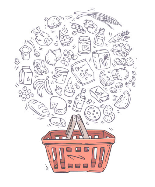 illustrazioni stock, clip art, cartoni animati e icone di tendenza di schizzo del cestino della spesa e del set di generi alimentari - food meat doodle dairy product