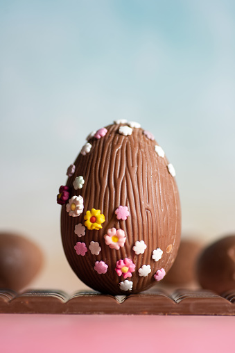 Easter decoration. Chocolate egg decorated with small multicolored flowers on a pastel blue background.