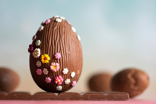Easter decoration. Chocolate egg decorated with small multicolored flowers on a pastel blue background.