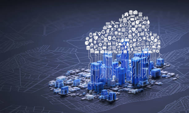 Abstract smart city with a cloud of icons and apps and connecting the skyscrapers stock photo