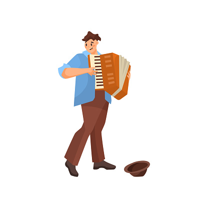 Cartoon musician playing accordion vector illustration. Male accordionist character performing with musical instrument on street on white background. Music, performance concept