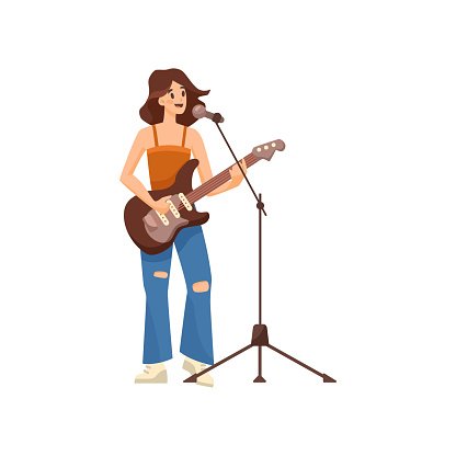 Cartoon woman playing electric guitar vector illustration. Female guitarist character performing with musical instrument on street on white background. Music, performance concept