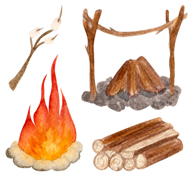 aquarellsammlung von reiseelementen, vorbereitete feuerstelle, brennendes lagerfeuer, zweig mit marshmallows und haufen baumstämme. elemente, die auf weißem hintergrund isoliert sind. - fire pit fire camping burning stock-grafiken, -clipart, -cartoons und -symbole