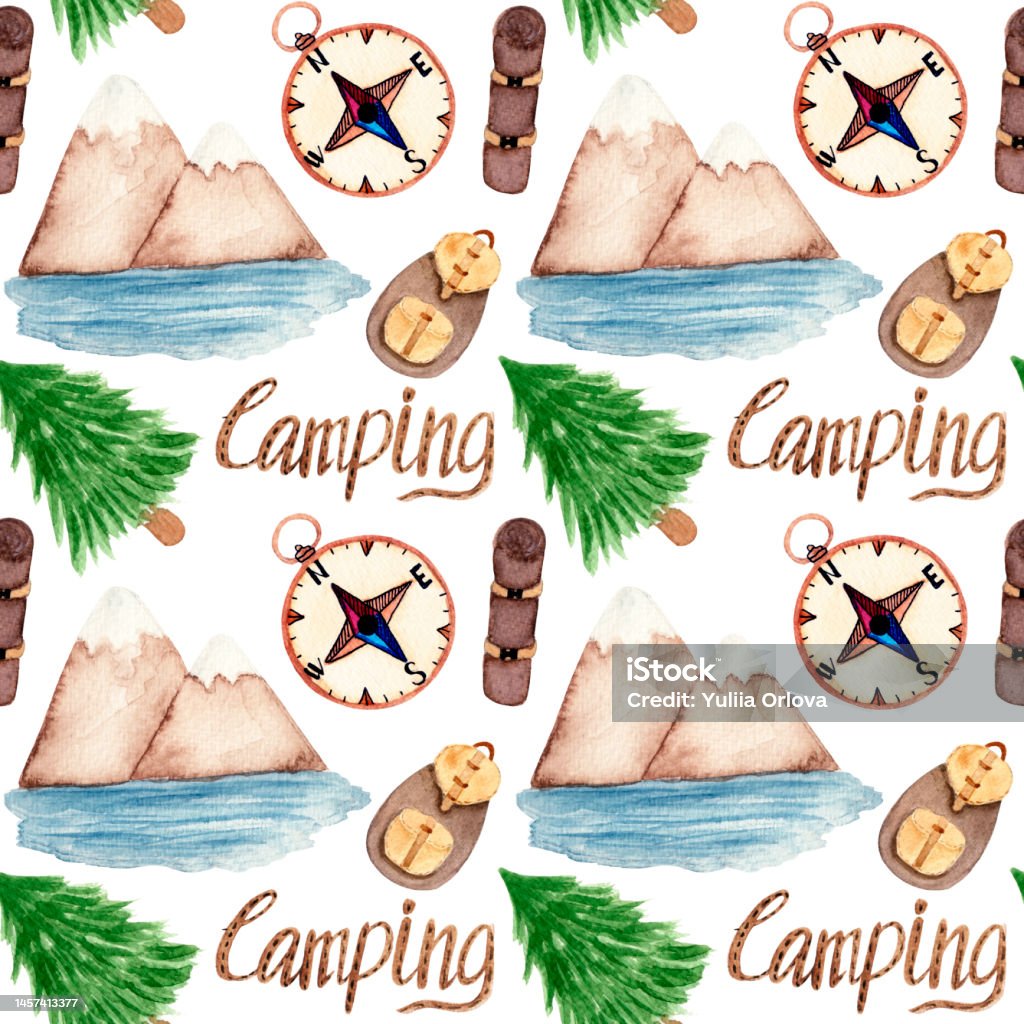 Adventure Patterns Watercolor Seamless Adventure Pattern With Nature And Camping Elements ...