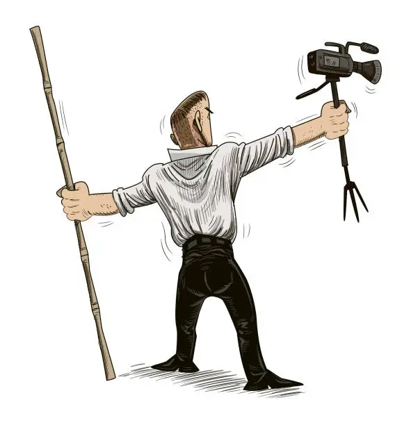 Vector illustration of Defiant man holding camera with tripod
