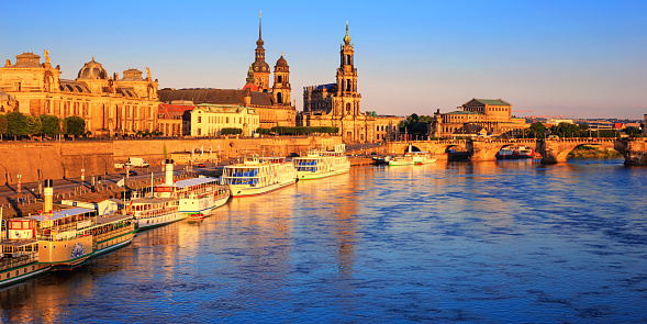 Cityscape - view of the Bruhl's Terrace is a historic architectural ensemble in Dresden on the banks of the Elbe, Saxony, Germany, 4 July, 2022