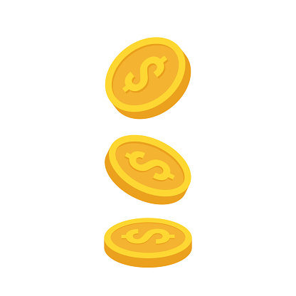 Gold coins fall from top to bottom. Money cash coins different shape. Flat vector illustration isolated on white background.