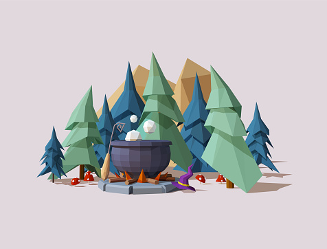 Low poly landscape scene, witch's cauldron, fantasy theme. Vector illustration.