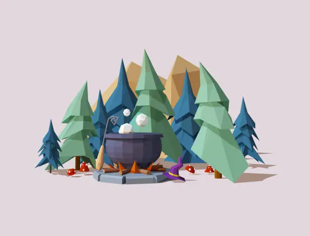 Vector illustration of Nature Low Poly Landscape Scene, Witch's Cauldron, Fantasy Theme