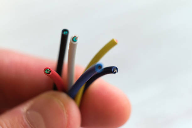 istock macro photo, a person holds a cut cable in his hand. 1457421186