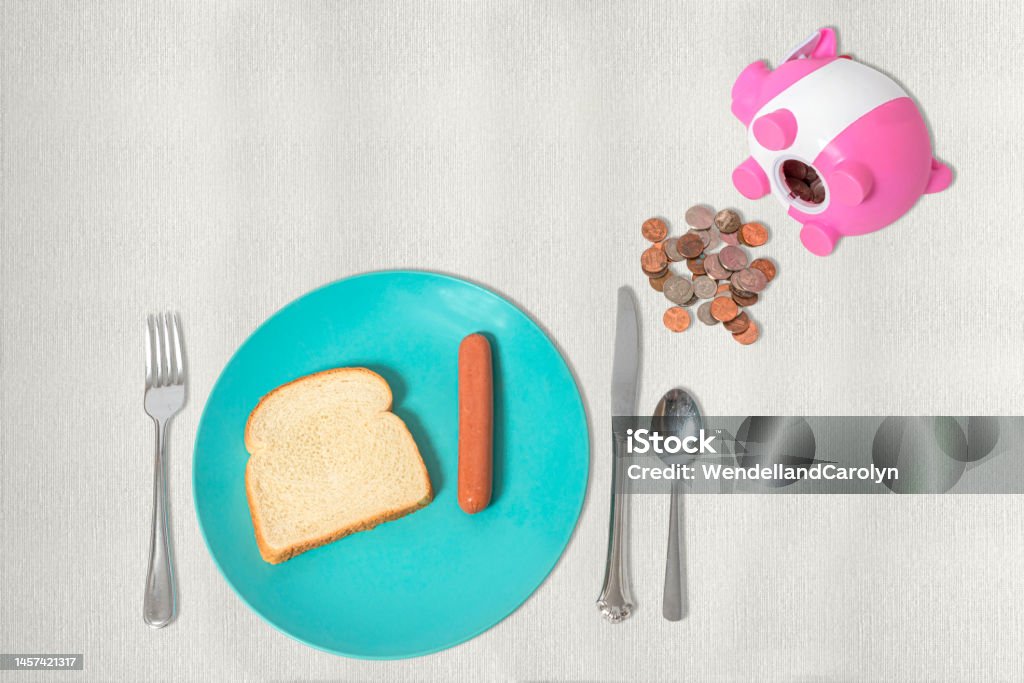Inflation Illustration Showing Food Insecurity With Copy Space A simple illustration with one hot dog and one slice of bread along with a piggy bank spilling out a few coins.  This gives a visual illustrating the effect of high food prices on the poor. Blue Stock Photo