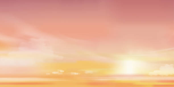 illustrazioni stock, clip art, cartoni animati e icone di tendenza di sfondo del cielo del tramonto, alba al mattino con arancione, giallo, colore rosa, bella ora d'oro paesaggio drammatico del crepuscolo in serata, vettore orizzontale romantico cielo del crepuscolo con luce solare e nuvole - sea cloud cloudscape sky