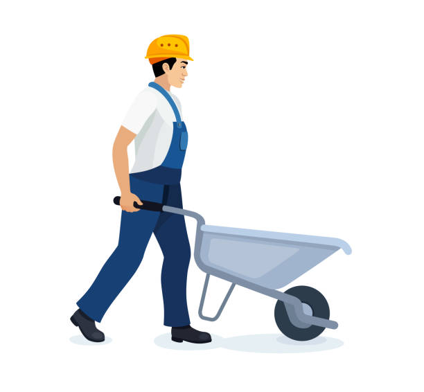stockillustraties, clipart, cartoons en iconen met construction worker works at a construction site. worker pushing wheelbarrow. - kruiwagen