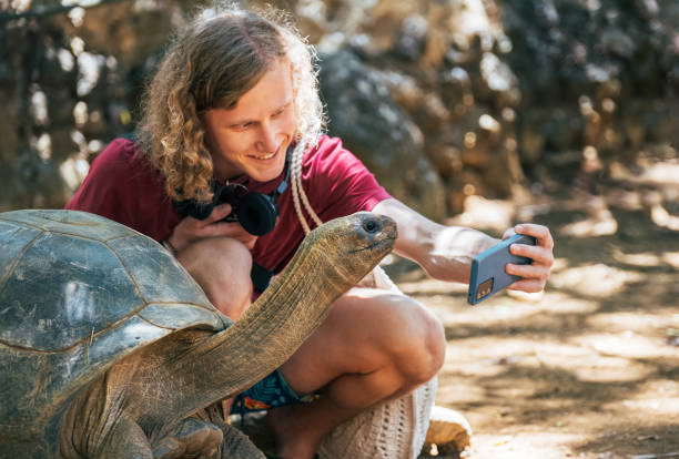 istock Smiling tourist boy making a selfie using cell phone with Aldabra giant tortoise endemic species - one of the largest tortoises in the world in the zoo nature park on Mauritius island. 1457425368