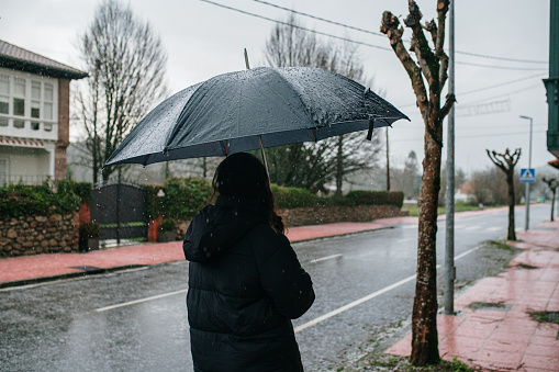 Rear view of a woman with an umbrella on a rainy day