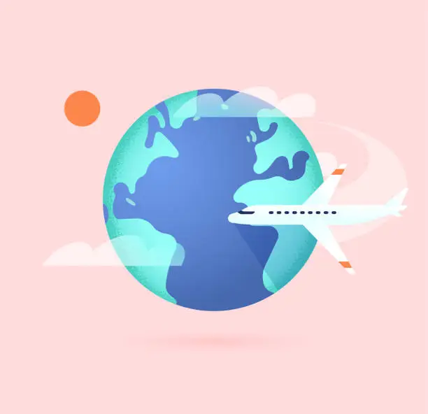 Vector illustration of Airplane flying around the world. Tourism, vacation concept. Traveling worldwide by plane. Business jet on a flight around the globe. International airlines, aviation