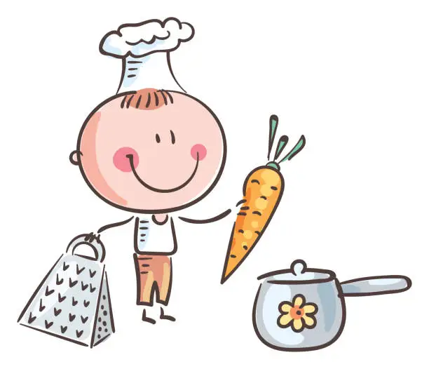 Vector illustration of Doodle cartoon little kid cook preparing soup, isolated on white, cartoon illustration clipart