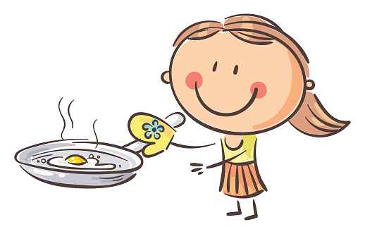 Cartoon girl preparing fried eeg, child cooking food