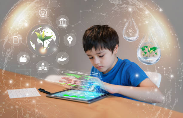 istock Education technology,Kid using tablet research on internet about world population,Ecology,Environmental,School Boy doing online learning,Geography with Double exposure growth leaf on globe map 1457435239