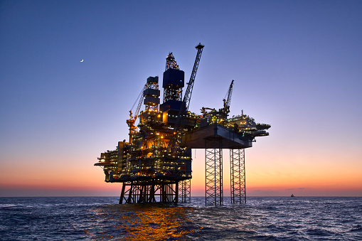 Offshore oil and gas platform on production site.
Jack up rig crude oil production in the North Sea.