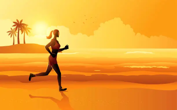 Vector illustration of Panorama of woman jogging at the beach