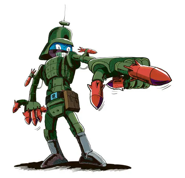 Vector illustration of Helmeted android robot soldier