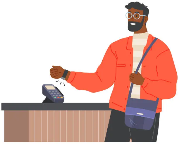 Vector illustration of Man with smart watch pays via POS terminal. Payment through online banking, cashless technology