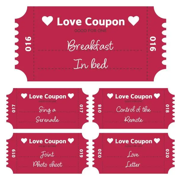 Vector illustration of coupons for lovers. tickets for valentine's day. Set of love coupons with wishes and numbers