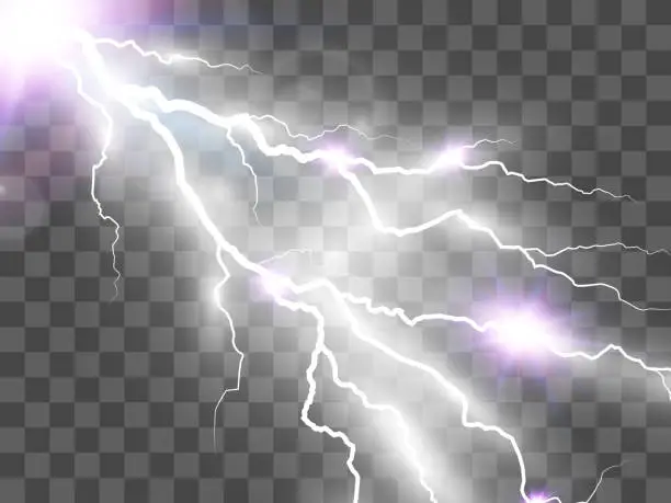 Vector illustration of Vector image of realistic lightning. Flash of thunder on a transparent background.